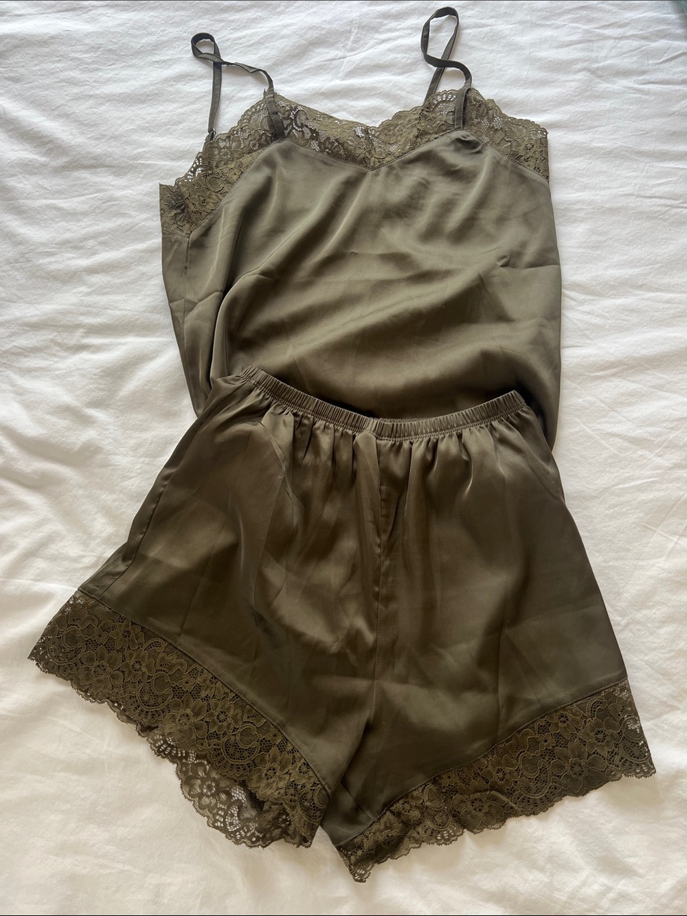 Silk-Feel Olive Lace Trim Cami & Shorts Sleep Set